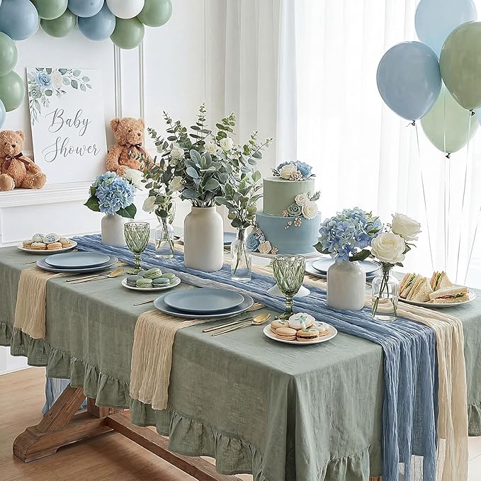 8 Pcs Sage Green and Dusty Blue Cheesecloth Table Runner Boho Gauze Cheese Cloth Runner 118" Rustic Table Decor for Wedding Bridal Baby Shower Anniversary Birthday Party Home Arbor Decorations