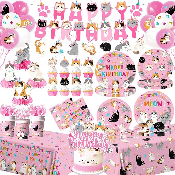 204Pcs Cat Birthday Decorations - Cat Birthday Party Supplies Include Plates,Napkins,Banner,Tablecloth,Hanging Swirls,Cake Toppers Pink Themed Decoration for Boys Girls Party Serves 24