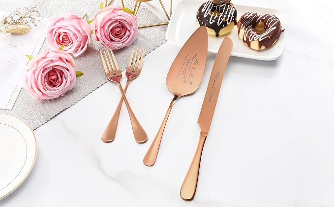 Wedding Cake Knife and Server Set, Rose Gold Cake Cutting Set for Wedding, 4 Pieces Set with Forks for Engagements, Anniversaries, Bride and Groom