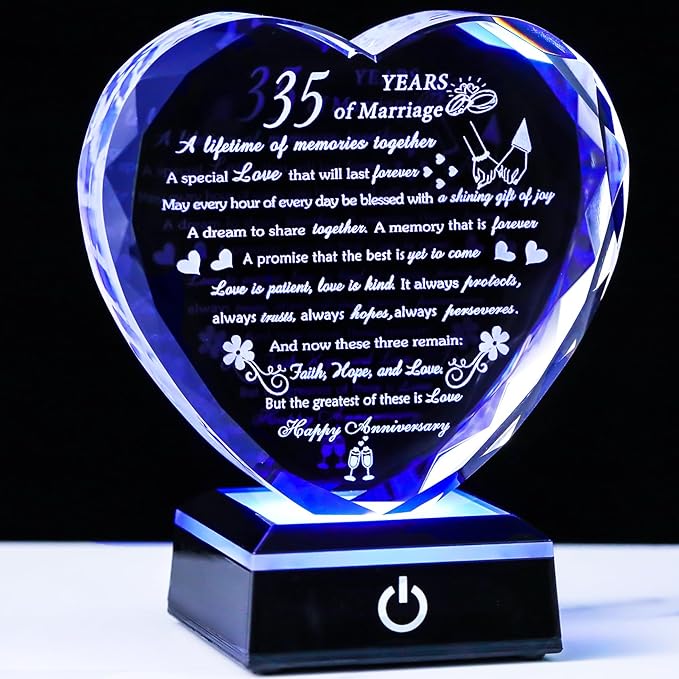 35th Wedding Anniversary Crystal Gifts for Couples Parents with Colorful LED Base, Happy 35th Anniversary Keepsake Gifts for Her Him, Romantic 35 Years of Marriage Heart Gift for Wife Husband
