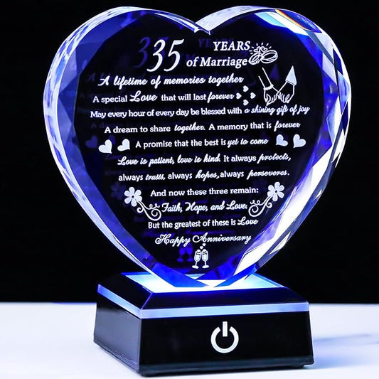 35th Wedding Anniversary Crystal Gifts for Couples Parents with Colorful LED Base, Happy 35th Anniversary Keepsake Gifts for Her Him, Romantic 35 Years of Marriage Heart Gift for Wife Husband