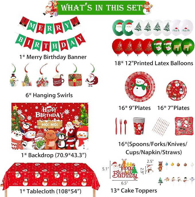 Christmas Themed Happy Birthday Party Decorations, Plates Napkins Cups Tableware, Christmas Snowman Backdrop Tablecloth, Happy Birthday Banner, Cake Topper, Colorful Printed Balloons for Kids Adults