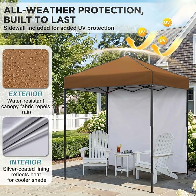 EAGLE PEAK 6x4 Instant Pop Up Canopy Tent with 1 Side Wall Panel, Straight Leg Sun Shelter, Portable Canopy with Carry Bag for Camping, Beach & Sports, Khaki