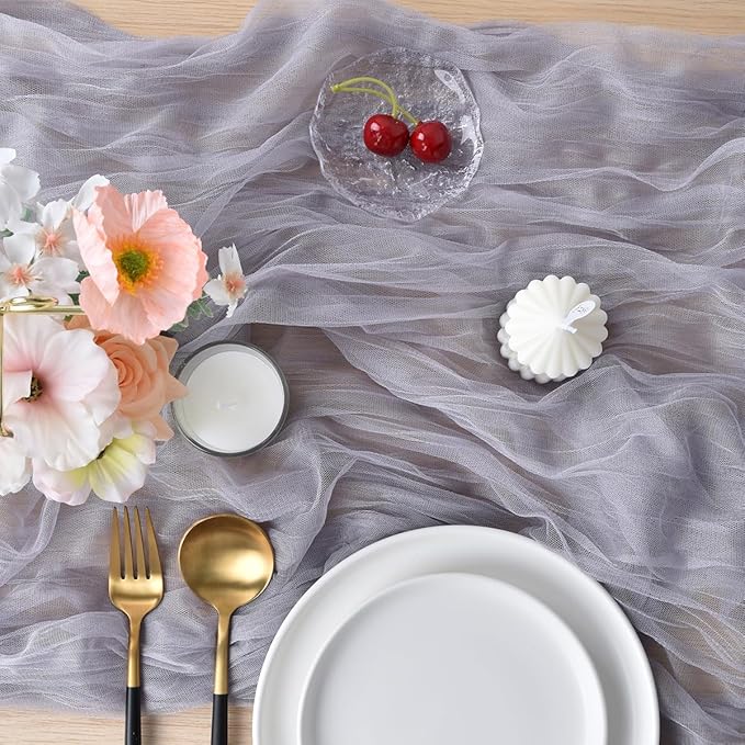 Joanlody Light Gray Cheesecloth Table Runner Spring Summer 10Ft Rustic Gauze Boho Cheese Cloth Table Runner for Wedding Bridal Baby Shower Decoration 4 Pack