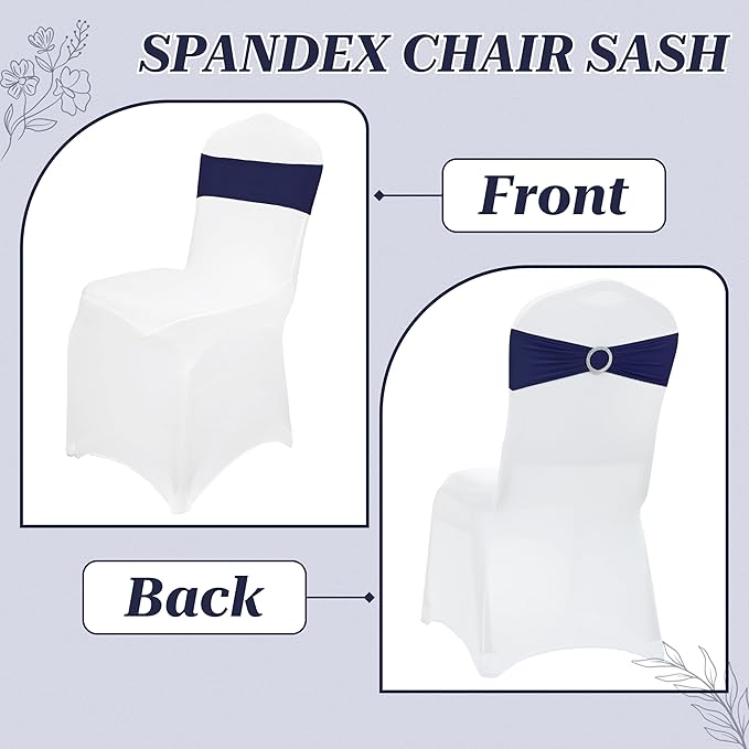 VDS - Navy Blue | Spandex Chair Sashes Bows | 50 PCS | Stretch Elastic Banquet Universal Folding Chair Band Tie with Silver Buckle Slider for Wedding Party Conference Celebration Event Decoration