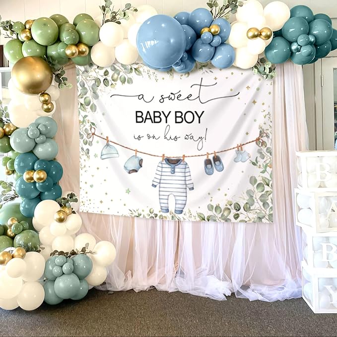 Greenery Baby Shower Decorations Boy A Sweet Baby Boy is On The Way Backdrop for Boy Birthday Party Decor Sage Green Balloons Oh Boy Baby Shower