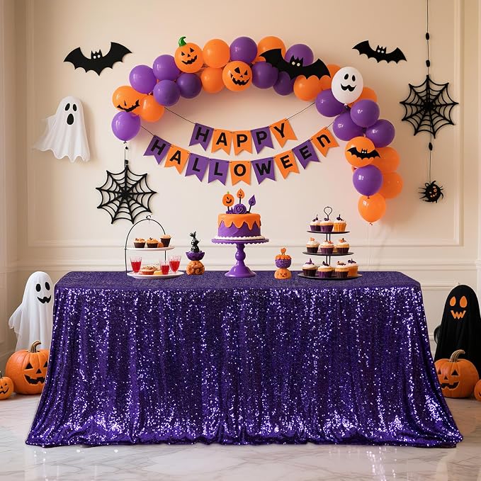 Poise3EHome Purple Sequin Tablecloth 90×132 Inch Rectangle Sparkly Fabric Table Cloth for Birthday Wedding Halloween Party Holiday Decoration