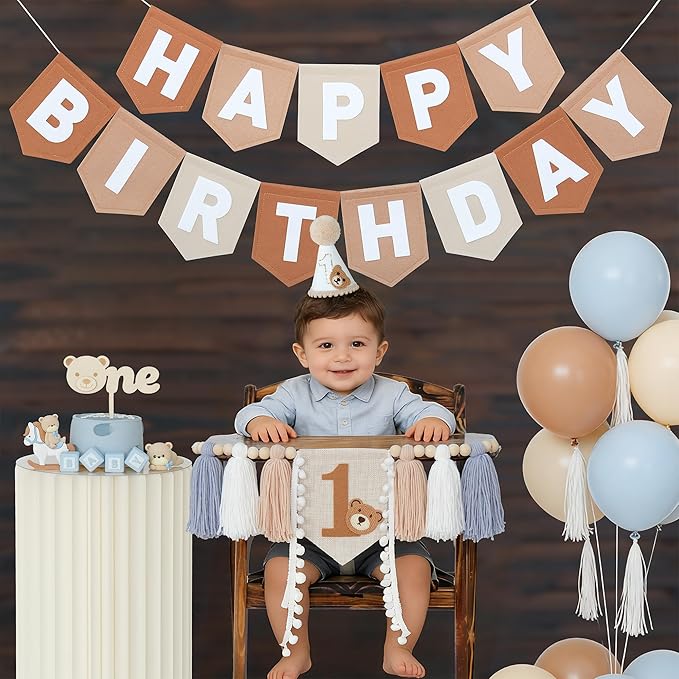 DCJHFJ Bear First Brown Felt Happy Birthday High Chair Banner Pre-strung Birthday Hanging Decoration with Birthday Hat One Cake Topper for 1st Birthday Party Decor