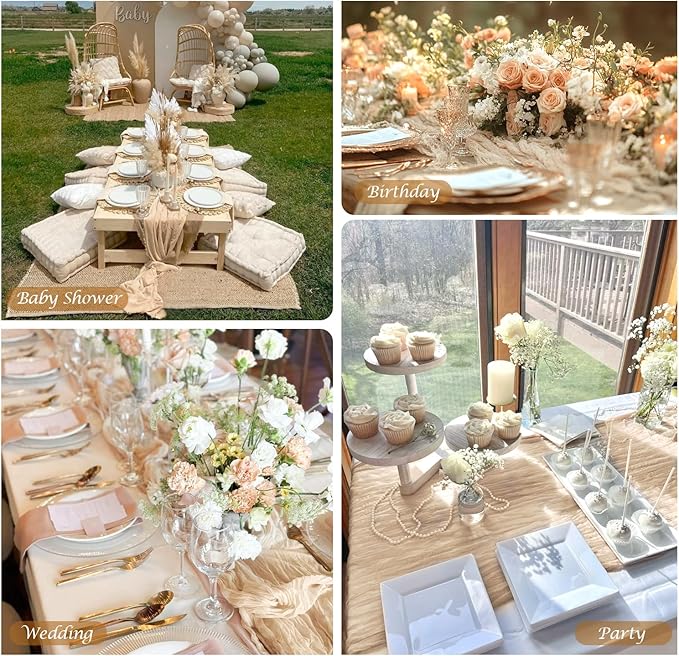 10 Pack Champagne Cheesecloth Table Runner 35x120 Inches, Easter Spring Boho Gold Cheese Cloth Table Runner 10FT Sheer Gauze Runner for Bridal Shower Wedding Baby Shower Party Decor