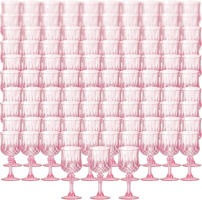 XKXKKE 100 Pcs Pink Plastic Wine Glasses, Plastic Water Goblets for Parties, Stemmed Drinking Glasses for Wedding Reception, Grand Event Party Bar Supplies Reusable Drinking Cups