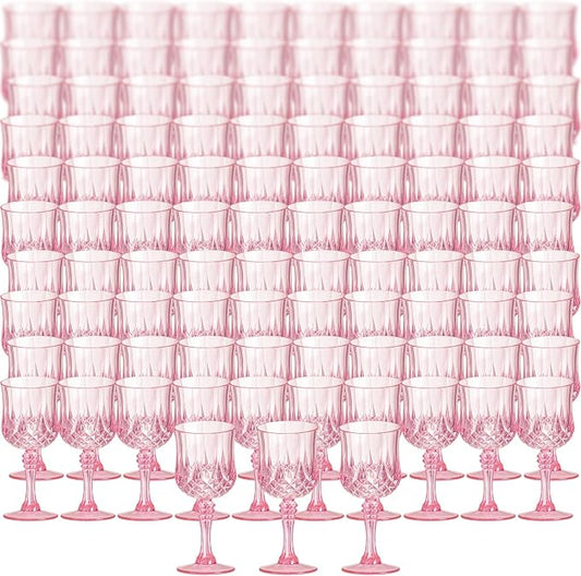XKXKKE 100 Pcs Pink Plastic Wine Glasses, Plastic Water Goblets for Parties, Stemmed Drinking Glasses for Wedding Reception, Grand Event Party Bar Supplies Reusable Drinking Cups