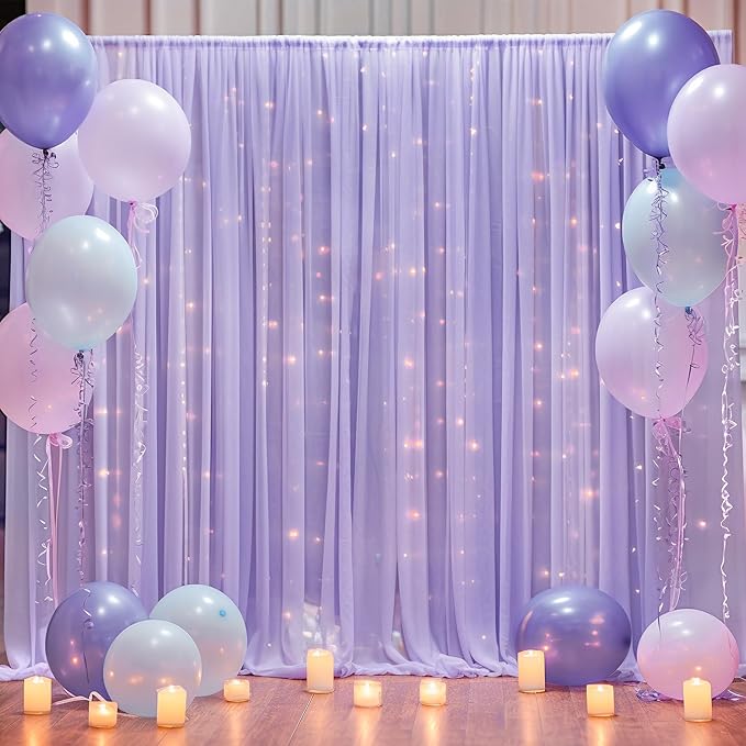 10x10ft Purple Tulle Backdrop Curtain with Lights String for Parites, Sheer Photo Backdrop Curtains for Wedding Baby Shower Birthday Party Photo Shoot Decorations