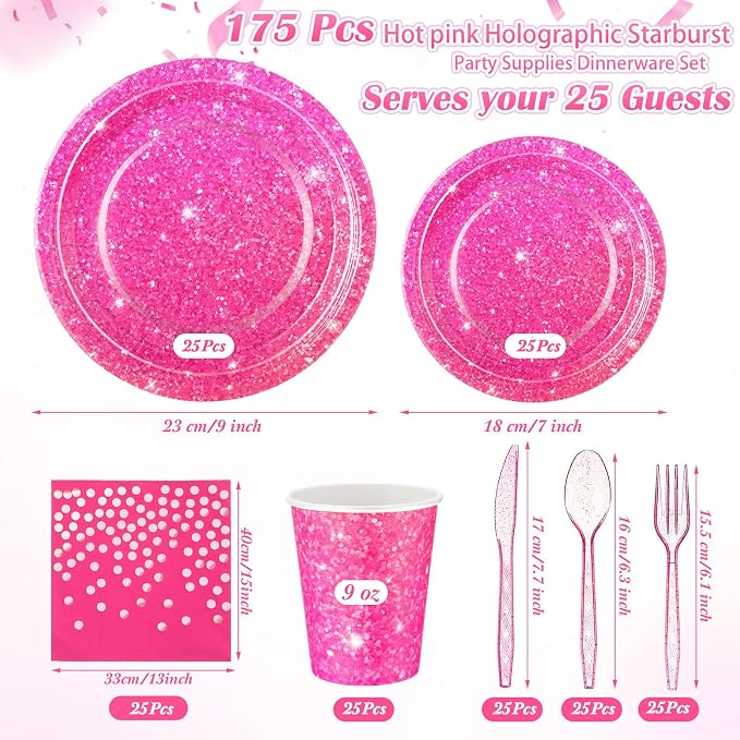 Hushee 175 Pcs 25 Guests Hot Pink Paper Party Plates and Cups Napkins Sets Holographic Glitter Disposable Dinnerware Plastic Forks Knives Spoons Birthday Bachelorette Wedding Party Supplies