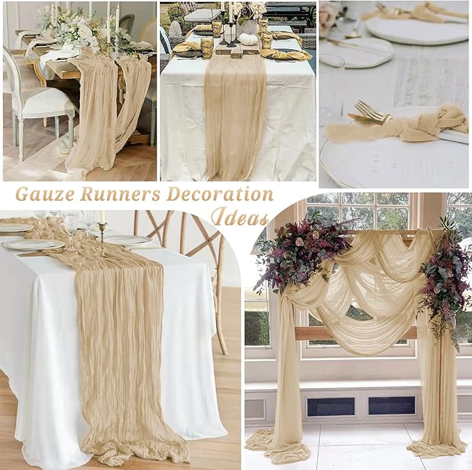 10 Pcs Beige Cheesecloth Table Runner 10FT, Gauze Table Runner for Wedding Reception Sheer Bridal Shower Birthday Party Boho Table Decoration, Rustic Romantic Wedding Runner