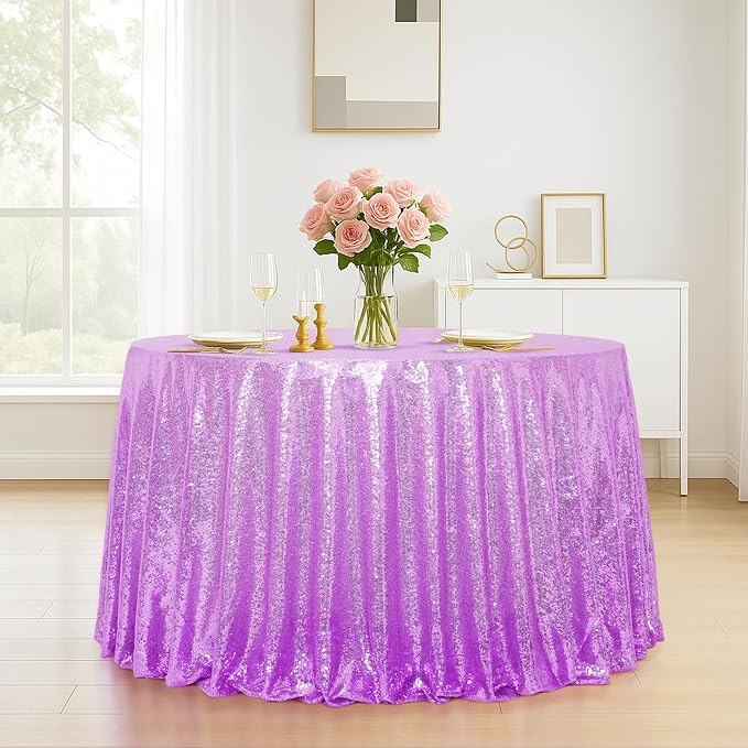 Eternal Beauty Lavender Tablecloth, 120 Inch Round Sequin Tablecloth for Party Cake Dessert Table Exhibition Events