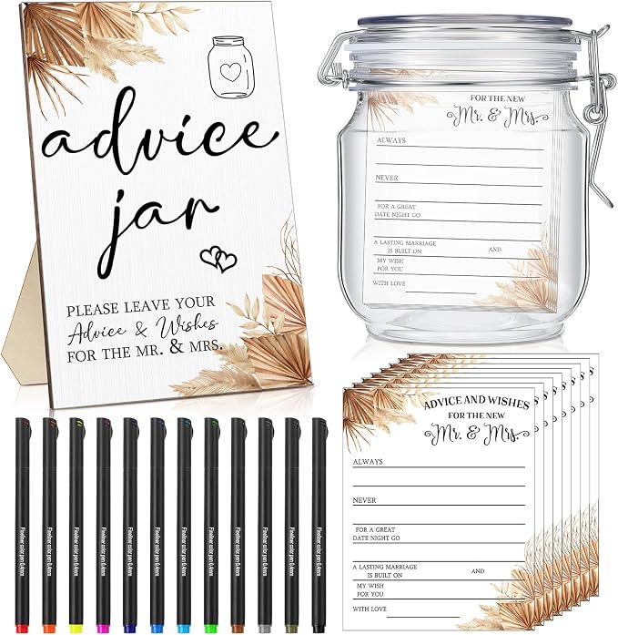 Sintuff 114 Pieces Boho Theme Bridal Shower Decoration Include Advice and Wishes for the Mr and Mrs Wedding Sign with Holder 100 Advice and Wishes Cards 12 Pens PET Wedding Wish Jar for Guests