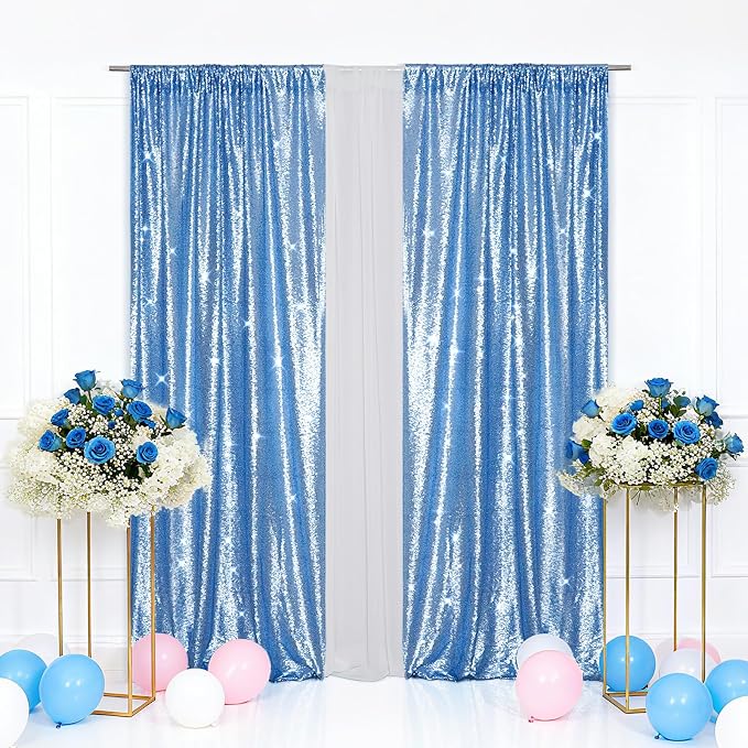 Eternal Beauty Sequin Backdrop Curtains, 2x8 Ft-2 Panels Baby Blue Back Drop for Shimmer Photography Party Wedding Birthday Decor