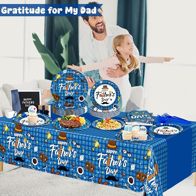 122Pcs Fathers Day Decorations, 30 Sets Paper Father's Day Plates and Napkins, Disposable 9" and 7" Happy Father Party Decorations, Rectangle Love You Dad Dinnerware for Family Dinner Dad Celebrations