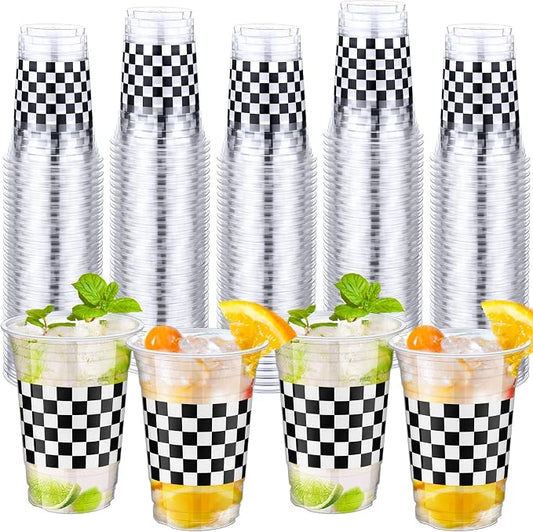 50 Pcs Racing Party Plastic Cups 16 oz Clear Checkered Flag Race Car Cups Bulk Disposable Black and White Plaid Tableware for Fast One Two Birthday Sports Party Supplies Decorations