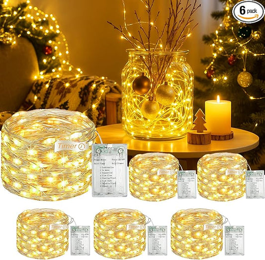 6 Pack 16FT 50 LED Fairy Lights Battery Operated with Timer, 8 Modes USB Mini Twinkle Light, Small String Lights for Tree Wreath Vase Bedroom DIY Holoday Wedding Decorations-Warm White