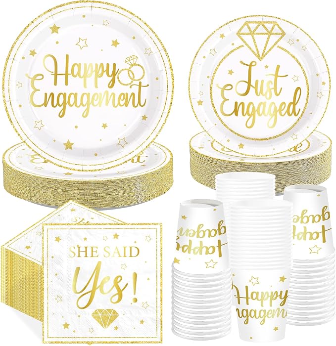 250 Pcs Happy Engagement Party Decorations White Gold Diamond Ring Plates Napkins Cups Disposable She Said Yes Tableware Set for Wedding Bridal Shower Just Engaged Party Supplies Serves 50