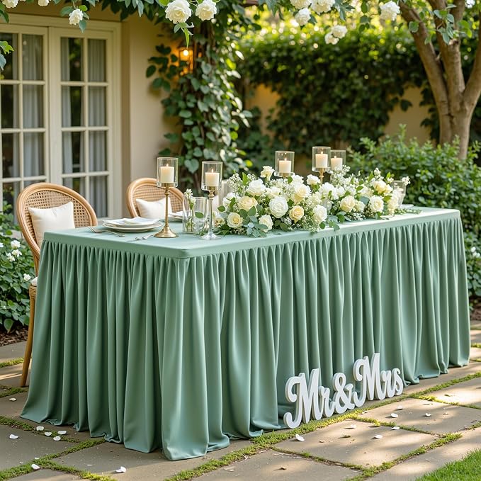 Wish Care 6 Pack Sage Green Rectangle Table Clothes for 8 Foot Tables, Polyester Fitted Tablecloths 8ft Stretch Table Cover for Wedding, Birthday, Parties, Trade Show, Craft Show