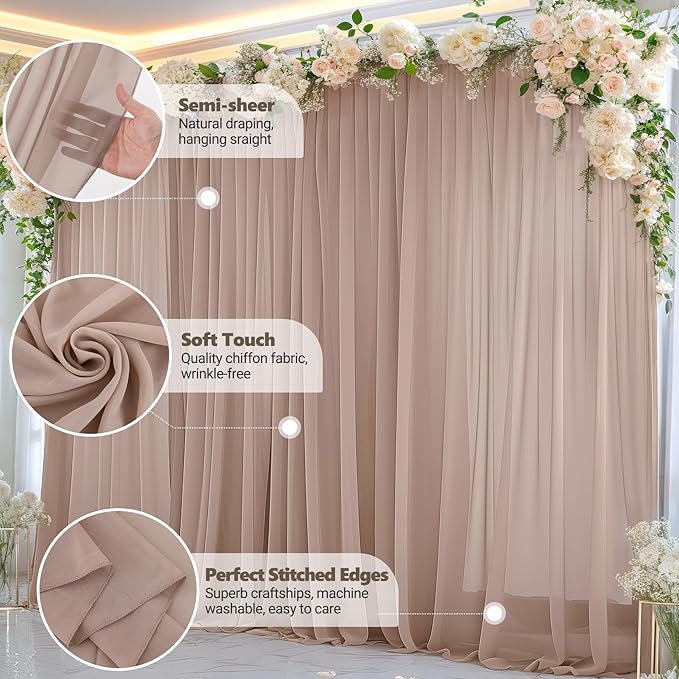 20ft x 10ft Taupe Backdrop Curtain Drapes, Wrinkle-Free Sheer Chiffon Fabric Photo Backdrop Panels for Wedding Arch Party Ceremony Stage Photo Backgrounds