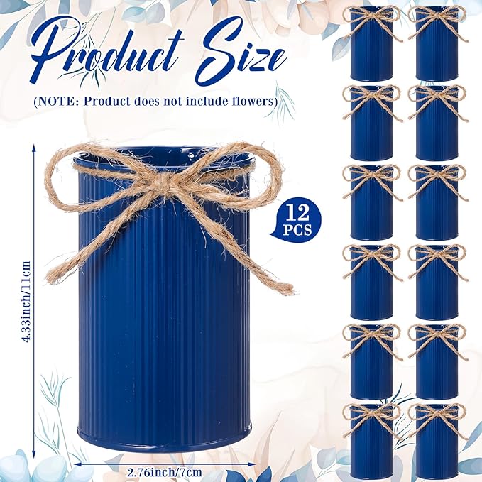 Rustic Vase for Table Centerpieces 4.33 Inch Small Petite Flower Vase with Twine Bow Vintage Farmhouse Decor for Wedding Reception Dining, Home Galvanized Metal Buckets(Dark Blue,12 Pcs)