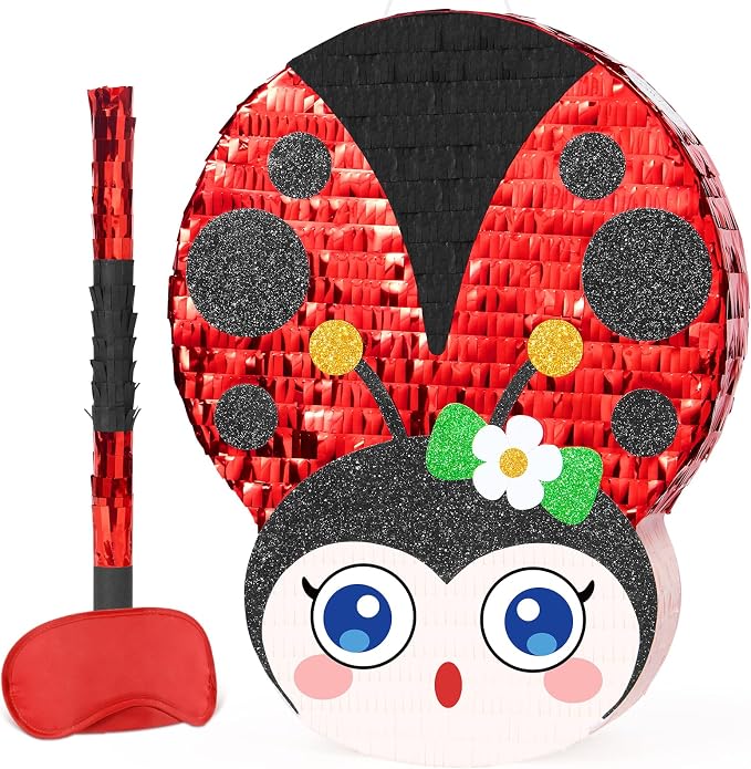 WERNNSAI Ladybug Piñata – Red Ladybug Party Piñata for Kids Birthday Games Garden Theme Parties Insect Theme Classroom Activities baby shower supplies with Blindfold and Stick