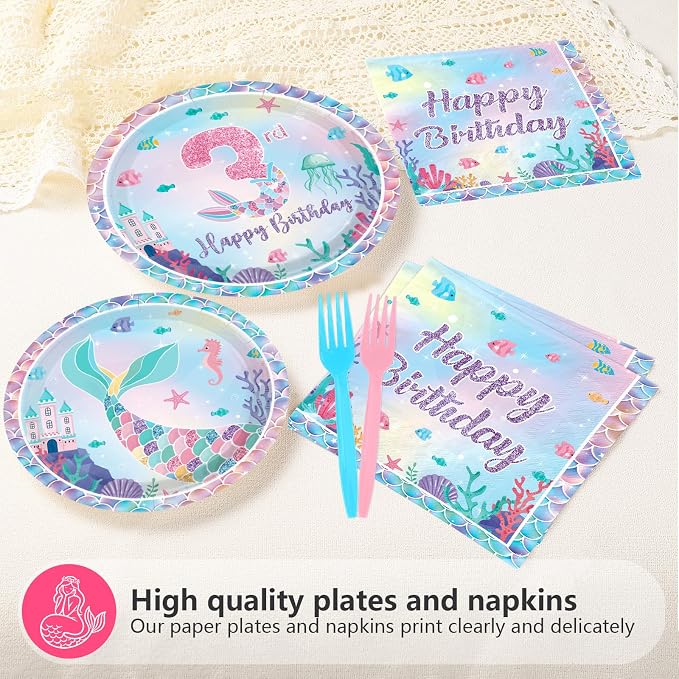96Pcs Mermaid 3rd Birthday Party Decorations Mermaid 3rd Plates and Napkins Sets Under the Sea Theme 3 Years Old Decorations for Girls Boys Ocean Birthday Party Supplies Serves 24