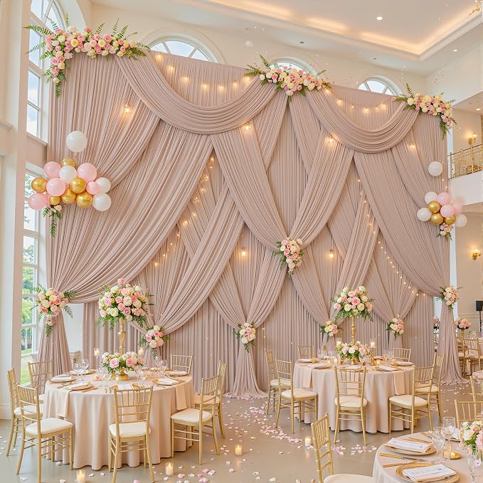 10ftx12ft Wrinkle Free Nude Backdrop Curtain, 4 Panels 12FT Long Wedding Photo Backdrop Drapes, Silky Polyester Back Drop Cloth for Birthday Photography Background Party Backdrop Draping