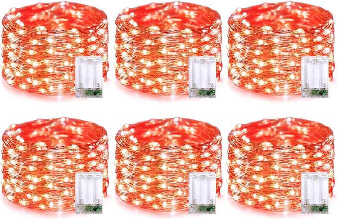 QITONG Orange Fairy Lights Battery Operated, 6 Pack Each 16ft 50 LED Halloween Lights Outdoor Waterproof, Silver Wire Christmas Twinkle Mini String Lights Indoor
