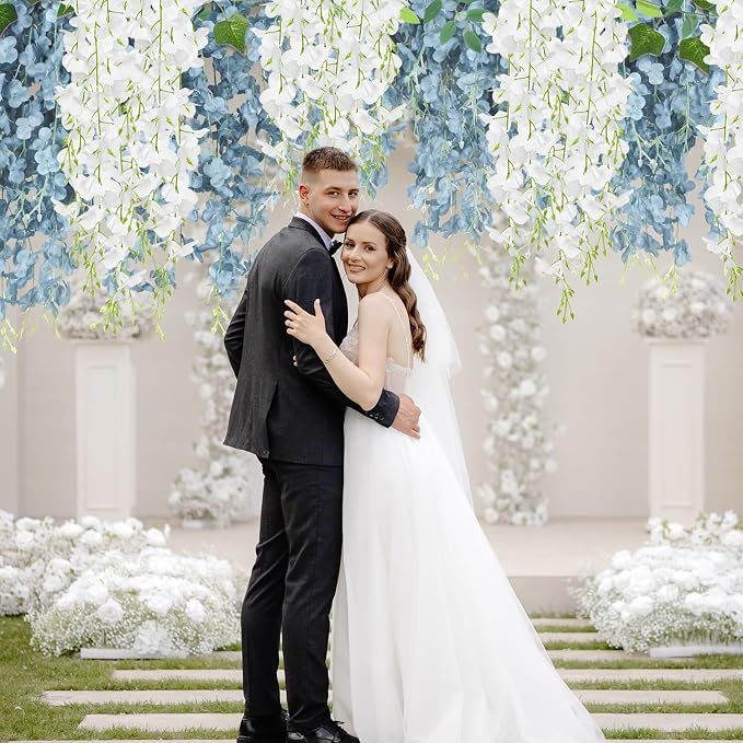 25 Pcs Artificial Wisteria Hanging Flowers 3.6ft Dusty Blue & White Fake Hanging Flowers Garland Silk Flowers Rattan String Faux Wisteria Vine for Wall Home Wedding Party Arch Greenery Backdrop Decor