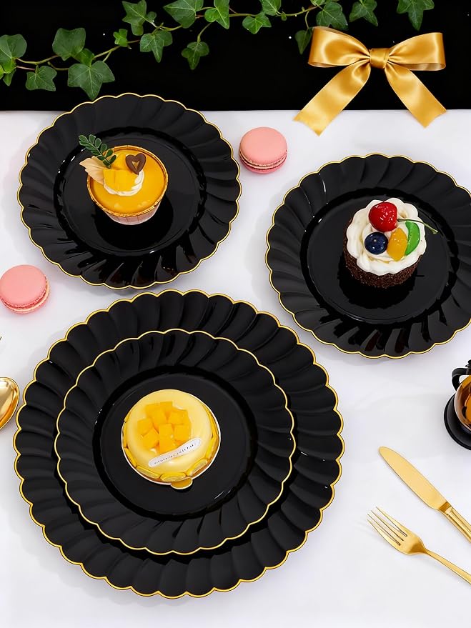 YOUBET 60PCS Black Scalloped Plastic Plates - Black and Gold Disposable Plates include 30 Gold Dinner Plate, 30 Dessert Plate for Party & Wedding