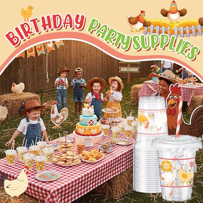 FoldTier 50 Pcs 12 oz Chicken Party Cups Disposable Plastic Cup with Straw, Lid and Leakproof Paper Clear Farm Animal Flower Little Chick Birthday Party Baby Shower Cups Supplies Table Decorations
