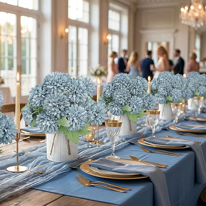 Pre-Made Flower Table Centerpieces, Set of 6 Artificial Silk Chrysanthemum with Farmhouse Metal Vases for Wedding, Birthday Parties, Home, Dining Table Decorations - Dusty Blue