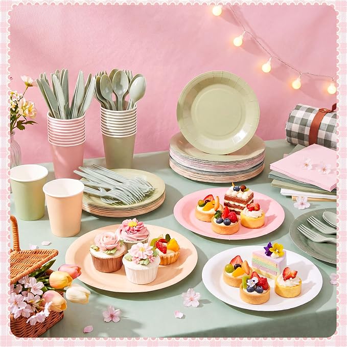 Mimorou 177 Pcs Sage Green and Pink Plates and Napkins Set Serves 25 Guests Gradient Green and Pink Tablecloth Plates Cup and Napkins Tableware for Birthday Wedding Bridal Baby Shower Party Supplies