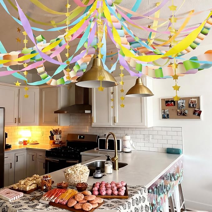 Gueevin Fancy Birthday Whimsical Party Decor 600 Sheets Pastel Paper Chain Garland 2 Pack Star Curtains 492 ft Pastel Crepe Paper Streamers Party Decor for Whimsical Fancy Birthday Supplies