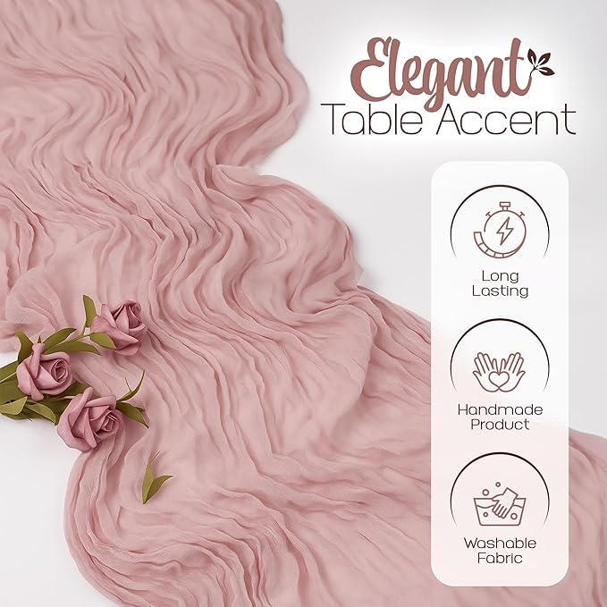 12 Pack Dusty Pink Cheesecloth Table Runners 10FT Long – 35 x 120 Inch Boho Gauze Table Runners for Engagement, Wedding, Baby Shower & Home Decor – Soft Wrinkled Polyester Fabric