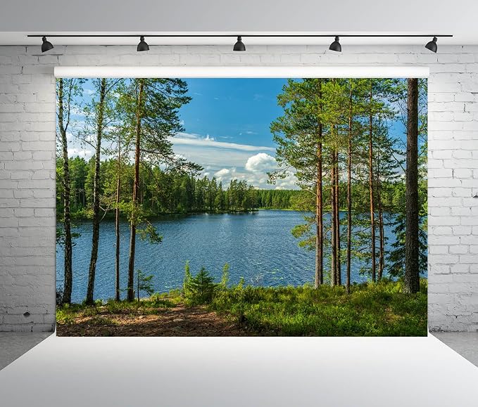 BELECO 6x4ft Fabric Forest Lake Backdrop Nature Park Lakeside Green Trees Scenery Background Spring Summer Outdoor Camping Hiking Decoration Kid Adult Artistic Portrait Photo Studio Props