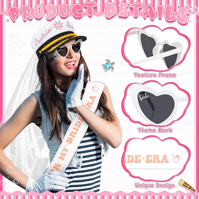 JaGely Bride Captain Hat with Veil, Bachelorette Sash & Sunglasses for Bridal Shower Bachelorette Party Decor Accessories(in My Bride Era)