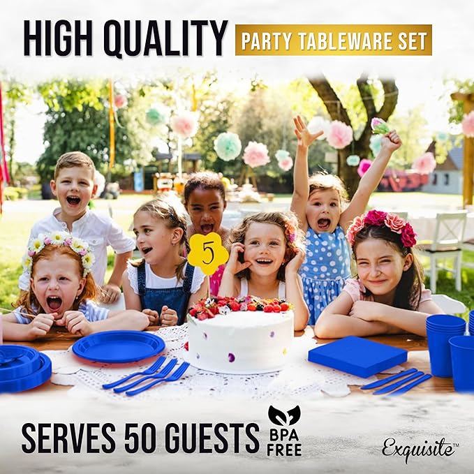 350 Pcs Dark Blue Plastic Plates For Party, Dark Blue Disposable Plates Set, 50 Of Each 9" Dinner Plate Set, 7" Dessert Plate, Cups, Napkins & Cutlery Plastic Dinnerware Set Exquisite