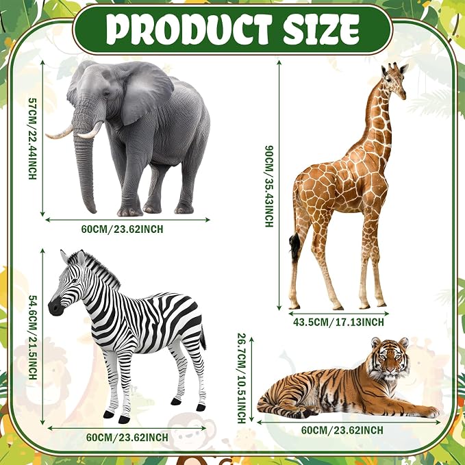 4 Pcs Safari Birthday Decoration Jungle Animal Cardboard Cutout Standup Life Size Safari Baby Shower Decorations Elephant Tiger Giraffe Zebra Cardboard Cutout for Photo Backdrop Party Favors