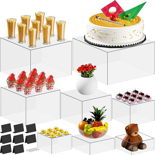 8 PCS 12" to 6" Clear Buffet Risers with Mini Sign and Makers, Large Food Risers for Buffet Table, Display Shelf Stands for Party, Catering, Dessert, Jewelry Collectibles, Nesting Cube Boxes with Hollow Bottoms Set (12",10",9",8",7.5",7",6.8",6")