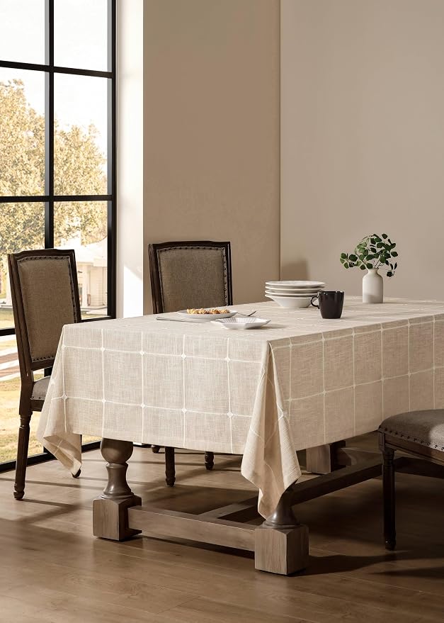 ZeeMart Grid Embroidered Hemmed Tablecloths, Light Tan 60x60 Inch, Farmhouse Style Heavy Weight Cotton Linen Light Beige Tablecloths, Boho Plaid Water Resistant Square Table Cloth