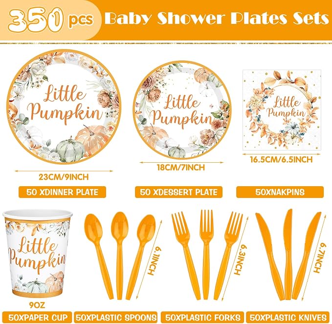405 Pcs Little Pumpkin Baby Shower Party Decorations Thanksgiving Fall Little Pumpkin Decoration Baby Shower Plates and Napkins Supplies Include Tablecloth Banner Cups for 50 Guests Autumn