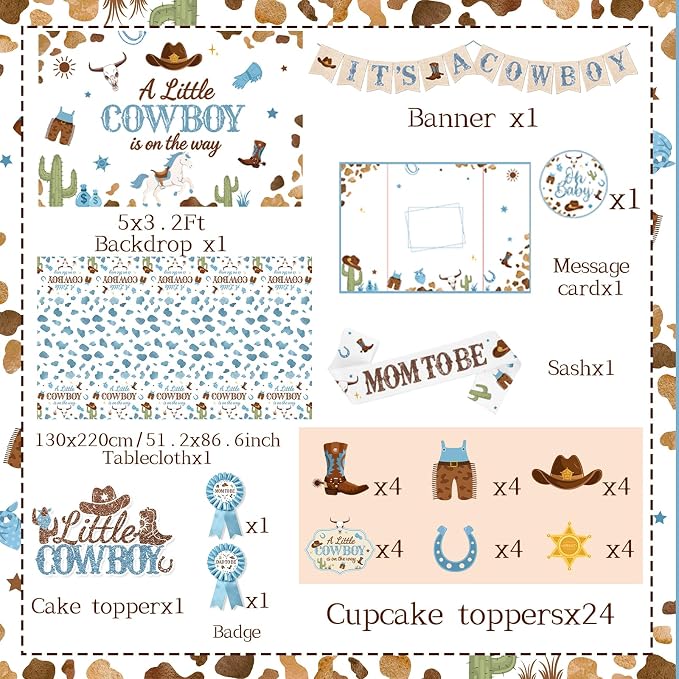 Cowboy Baby Shower Decorations for Boy, All-in-1 Retro Western Baby Shower Decorations with Balloon Arch Baby Boxes Plates Napkins Cake Toppers Tablecloth Backdrop Banner for Cowboy Rodeo Baby Shower