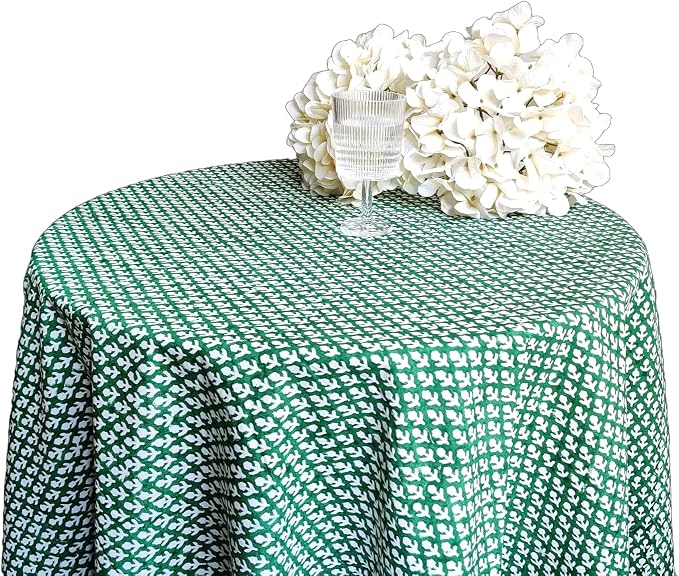 ATOSII Queen Green 100% Cotton Round Tablecloth, Handblock Print Floral Table Cloth for Kitchen Dining Linen I Parties, Weddings, Outdoors, Christmas, Thanksgiving I Fall Home Decor 72" Inches Round