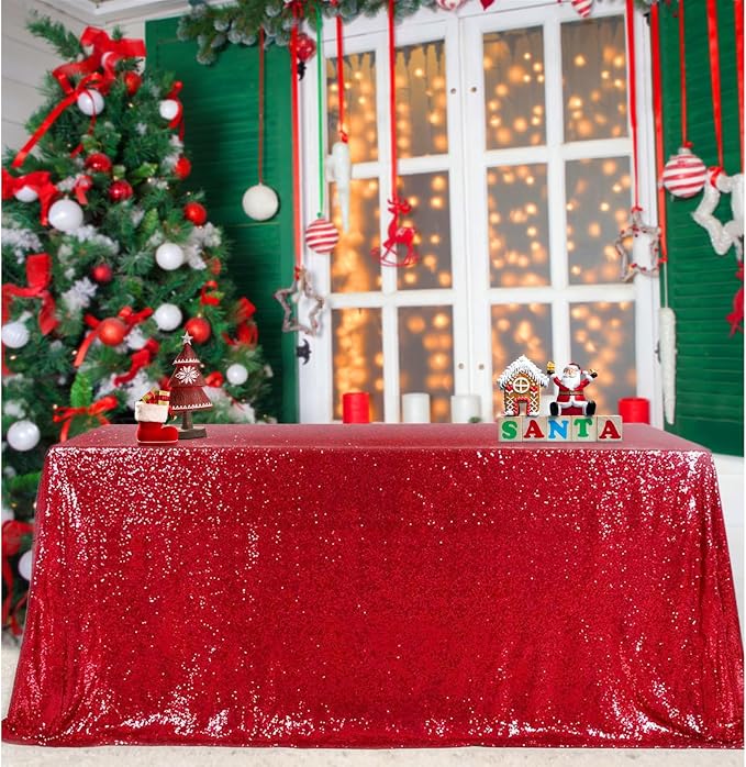 B-COOL Rectangle Sequin Tablecloth Christmas Red Table Cloth 60x102inch Seamless Wedding Red Sequin Fabric Linens Overlay for Mother's Day Valentines Decoration