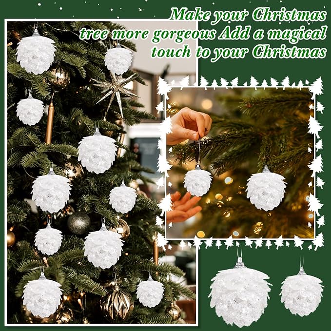 Sratte 8 Pcs Valentine Ball Ornaments Artificial Pinecone Hanging Ornaments Glitter Winter Faux Flower for Xmas Decor, 3.15/2.36 Inch(White)